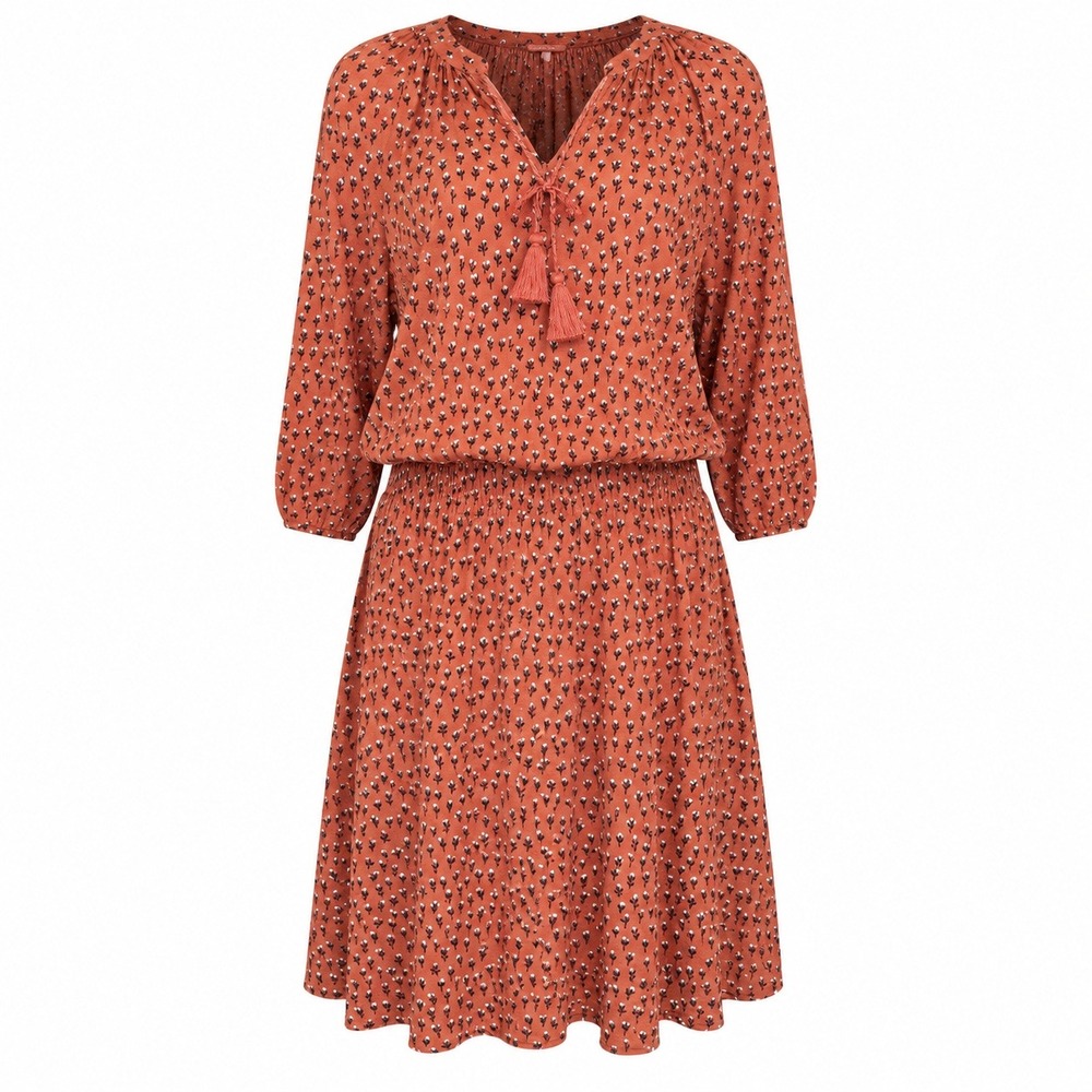 Garnet Hill Tencel Floral Smocked Waist Dress Womens XS Terracotta NWT Boho Midi